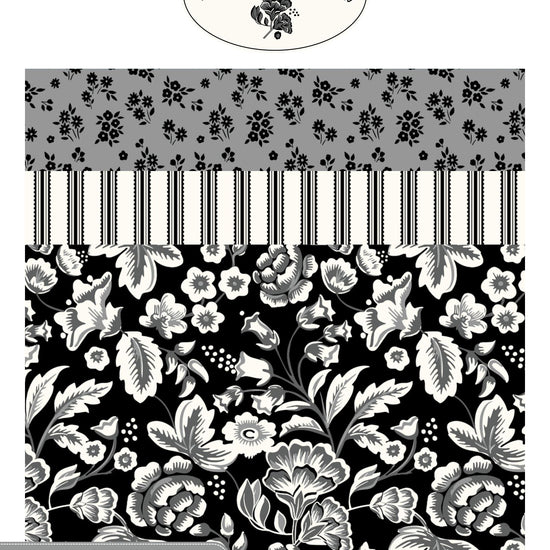 Image of the Midnight Meadow Quilting Cotton Storyboard by My Minds Eye for Riley Blake Designs. Features black, white, and grey fabrics with various patterns.
Cute Little Fabric Shop