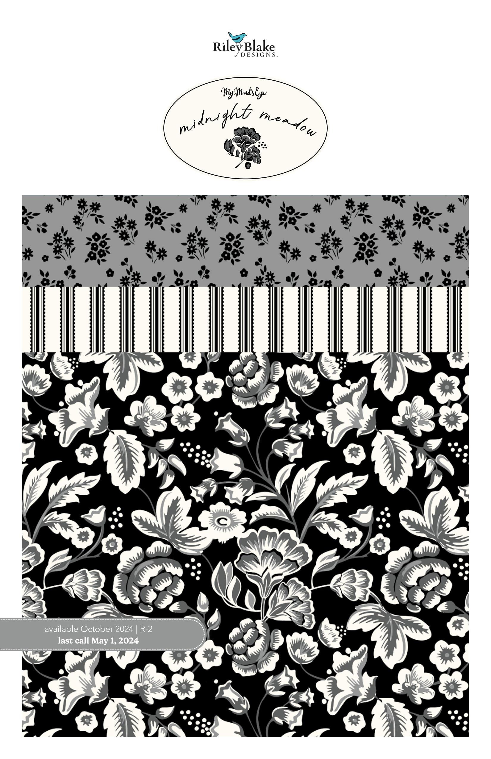 Image of the Midnight Meadow Quilting Cotton Storyboard by My Minds Eye for Riley Blake Designs. Features black, white, and grey fabrics with various patterns.
Cute Little Fabric Shop