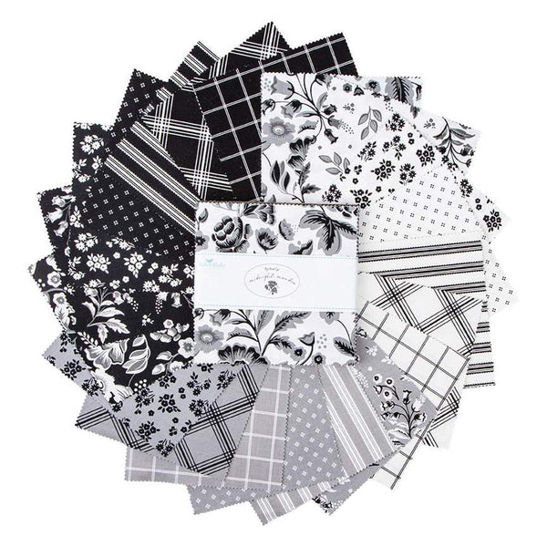 Image of the Midnight Meadow Quilting Cotton 5 Inch Stacker by My Minds Eye for Riley Blake Designs. Features black, white, and grey fabrics with various patterns.
Cute Little Fabric Shop