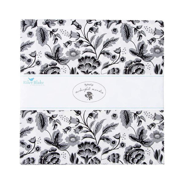 Image of the Midnight Meadow Quilting Cotton 10 Inch Stacker by My Minds Eye for Riley Blake Designs. Features black, white, and grey fabrics with various patterns.
Cute Little Fabric Shop