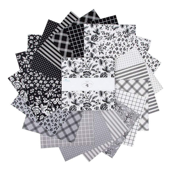 Image of the Midnight Meadow Quilting Cotton 10 Inch Stacker by My Minds Eye for Riley Blake Designs. Features black, white, and grey fabrics with various patterns.
Cute Little Fabric Shop