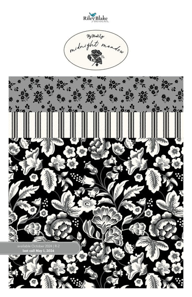 Image of the Midnight Meadow Quilting Cotton Storyboard by My Minds Eye for Riley Blake Designs. Features black, white, and grey fabrics with various patterns.
Cute Little Fabric Shop