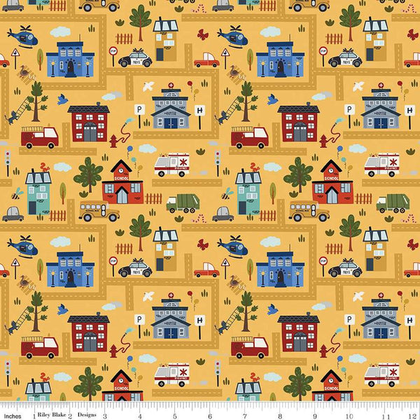 Image of the It Takes a Village Main Sunshine quilting cotton fabric by Jennifer Long for Riley Blake Designs. Features neighborhood scenery on a yellow background. 
Cute Little Fabric Shop