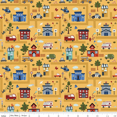 Image of the It Takes a Village Main Sunshine quilting cotton fabric by Jennifer Long for Riley Blake Designs. Features neighborhood scenery on a yellow background. 
Cute Little Fabric Shop