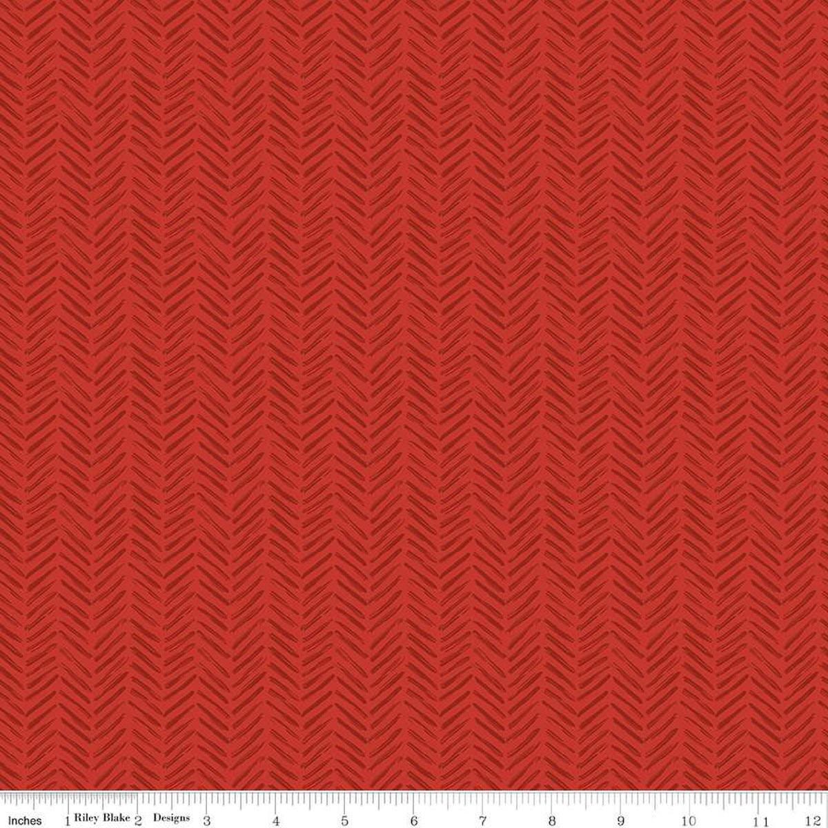 Image of the It Takes a Village Tread Marks Cherry quilting cotton fabric by Jennifer Long for Riley Blake Designs. Features a tone-on-tone herringbone pattern a deep red background. 
Cute Little Fabric Shop