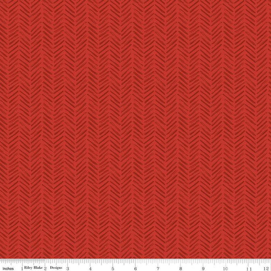 Image of the It Takes a Village Tread Marks Cherry quilting cotton fabric by Jennifer Long for Riley Blake Designs. Features a tone-on-tone herringbone pattern a deep red background. 
Cute Little Fabric Shop