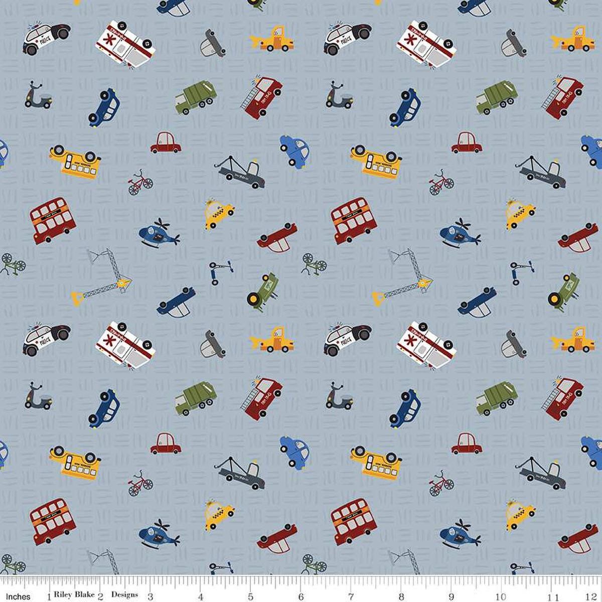 Image of the It Takes a Village Traffic Jam Gray quilting cotton fabric by Jennifer Long for Riley Blake Designs. Features scattered vehicles on a tone-on-tone textured gray background. 
Cute Little Fabric Shop