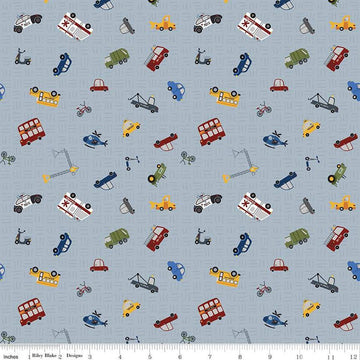 Image of the It Takes a Village Traffic Jam Gray quilting cotton fabric by Jennifer Long for Riley Blake Designs. Features scattered vehicles on a tone-on-tone textured gray background. 
Cute Little Fabric Shop