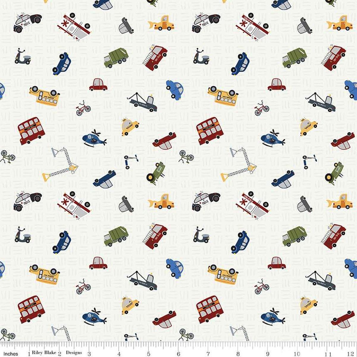Image of the It Takes a Village Traffic Jam Cloud quilting cotton fabric by Jennifer Long for Riley Blake Designs. Features scattered vehicles on a tone-on-tone textured cream background. 
Cute Little Fabric Shop