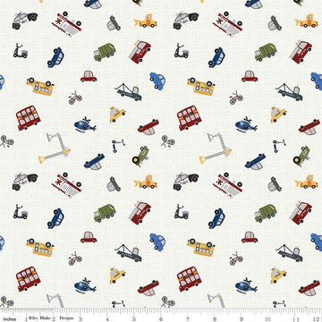 Image of the It Takes a Village Traffic Jam Cloud quilting cotton fabric by Jennifer Long for Riley Blake Designs. Features scattered vehicles on a tone-on-tone textured cream background. 
Cute Little Fabric Shop