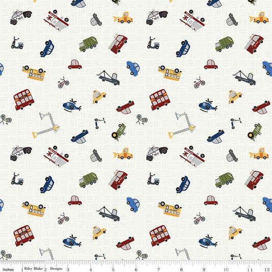 Image of the It Takes a Village Traffic Jam Cloud quilting cotton fabric by Jennifer Long for Riley Blake Designs. Features scattered vehicles on a tone-on-tone textured cream background. 
Cute Little Fabric Shop