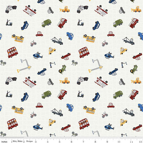 Image of the It Takes a Village Traffic Jam Cloud quilting cotton fabric by Jennifer Long for Riley Blake Designs. Features scattered vehicles on a tone-on-tone textured cream background. 
Cute Little Fabric Shop