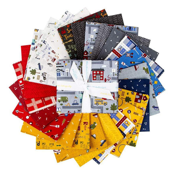 Image of the It Takes a Village Fat Quarter Bundle quilting cotton fabric by Jennifer Long for Riley Blake Designs. Features red, yellow, and blue fabrics with streets, buildings, and cars. 
Cute Little Fabric Shop