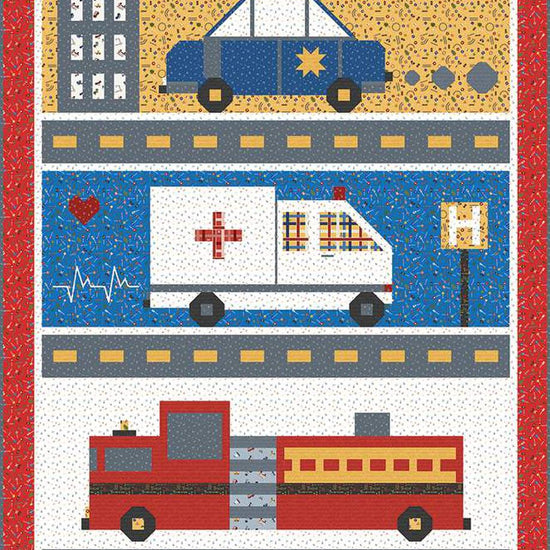 Image of the Save the Day Quilt Boxed Kit by Jennifer Long for Riley Blake Designs. Features a police car, a fire truck, and an ambulance. 
Cute Little Fabric Shop