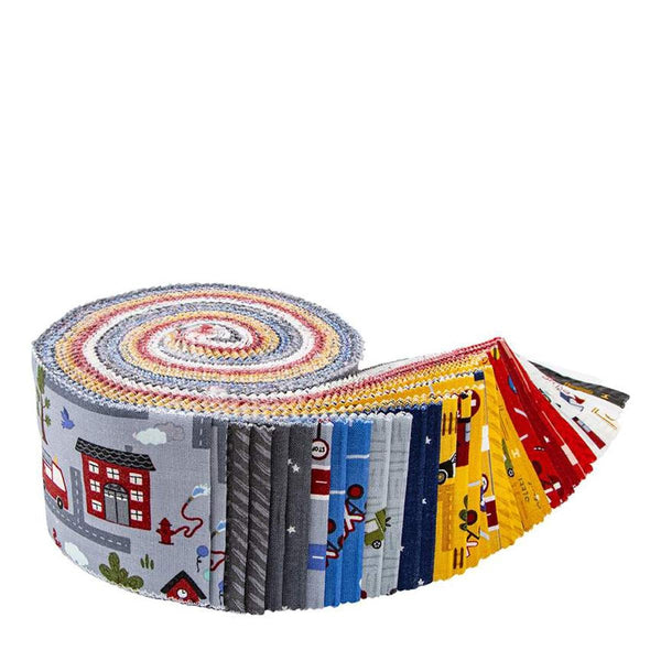 Image of the It Takes a Village Rolie Polie quilting cotton fabric by Jennifer Long for Riley Blake Designs. Features red, yellow, and blue fabrics with streets, buildings, and cars. 
Cute Little Fabric Shop