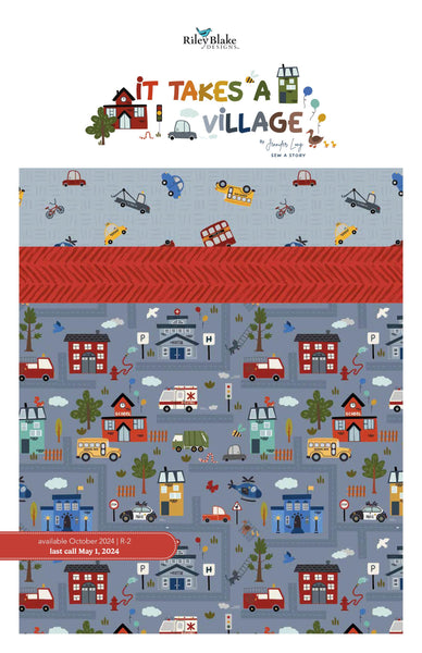 Image of the It Takes a Village Storyboard quilting cotton fabric by Jennifer Long for Riley Blake Designs. Features red, yellow, and blue fabrics with streets, buildings, and cars. 
Cute Little Fabric Shop