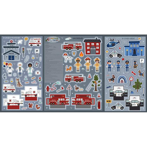 Image of the It Takes a Village Felt Panel by Jennifer Long for Riley Blake Designs. Features first responders, buildings, and vehicles. 
Cute Little Fabric Shop