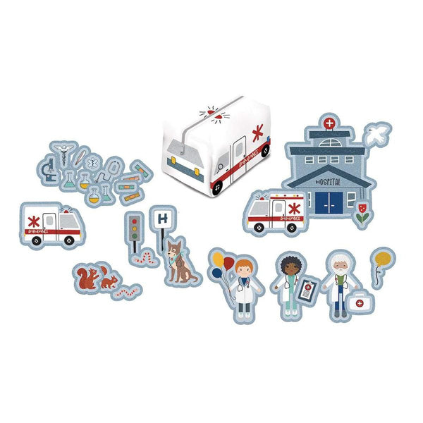 Image of the It Takes a Village Felt Panel by Jennifer Long for Riley Blake Designs. Features first responders, buildings, and vehicles. 
Cute Little Fabric Shop