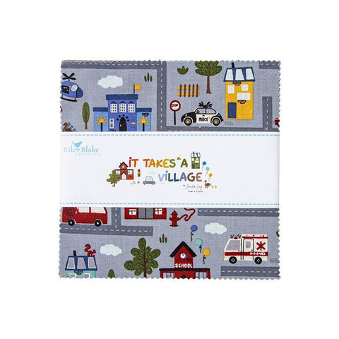 Image of the It Takes a Village 5 inch stackers quilting cotton fabric by Jennifer Long for Riley Blake Designs. Features red, yellow, and blue fabrics with streets, buildings, and cars. 
Cute Little Fabric Shop