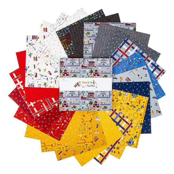 Image of the It Takes a Village 10 inch Stacker quilting cotton fabric by Jennifer Long for Riley Blake Designs. Features red, yellow, and blue fabrics with streets, buildings, and cars. 
Cute Little Fabric Shop