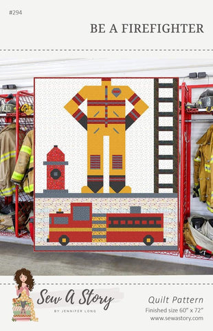 Image of the Be a Firefighter Quilt Pattern by Jennifer Long for Riley Blake Designs. Features a firefighter suit, hydrant, ladder, and truck. 
Cute Little Fabric Shop