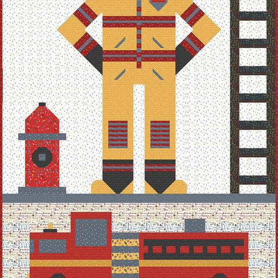 Image of the Be a Firefighter Quilt Pattern by Jennifer Long for Riley Blake Designs. Features a firefighter suit, hydrant, ladder, and truck. 
Cute Little Fabric Shop