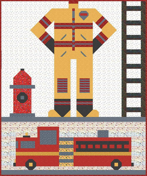 Image of the Be a Firefighter Quilt Pattern by Jennifer Long for Riley Blake Designs. Features a firefighter suit, hydrant, ladder, and truck. 
Cute Little Fabric Shop