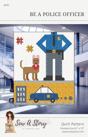 Image of the Be a Police Officer Quilt Pattern by Jennifer Long for Riley Blake Designs. Features a police uniform, dog, badge, and car. 
Cute Little Fabric Shop