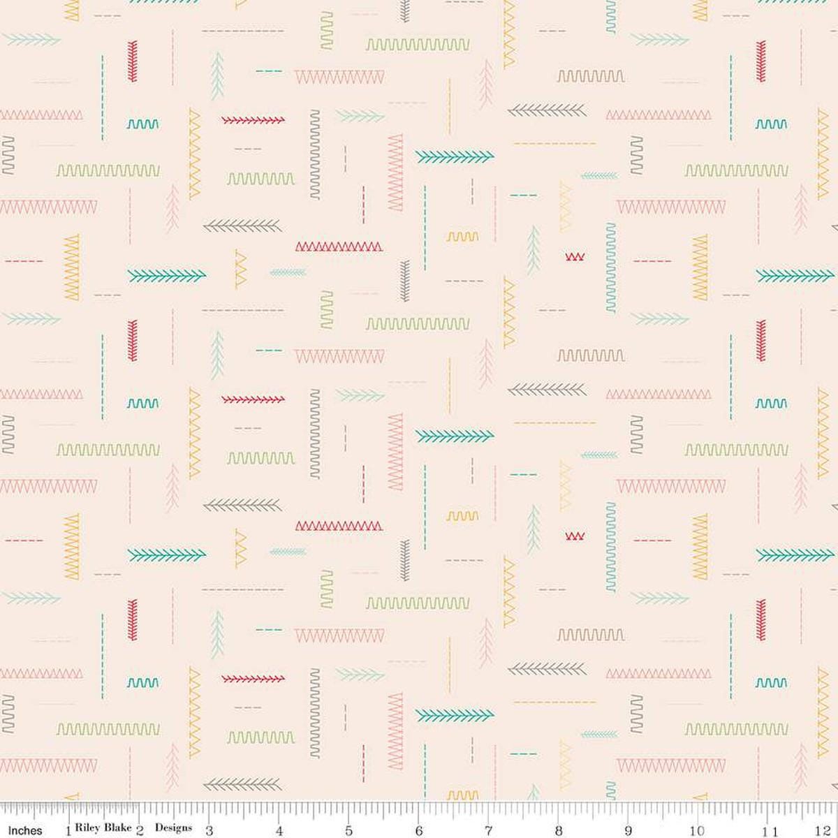 Image of the Hush Hush 4 In Stitches quilting cotton fabric by Riley Blake Designs. Features assorted sewing stitches on a light pink background. 
Cute Little Fabric Shop