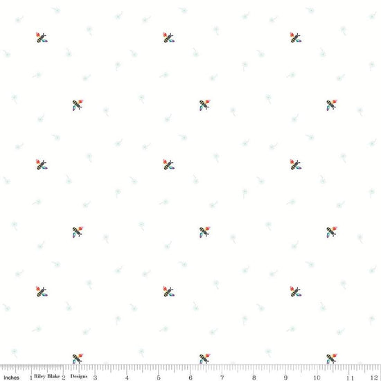 Image of the Hush Hush 4 Buzzworthy quilting cotton fabric by Riley Blake Designs. Features  colorful bees on a light pink background. 
Cute Little Fabric Shop