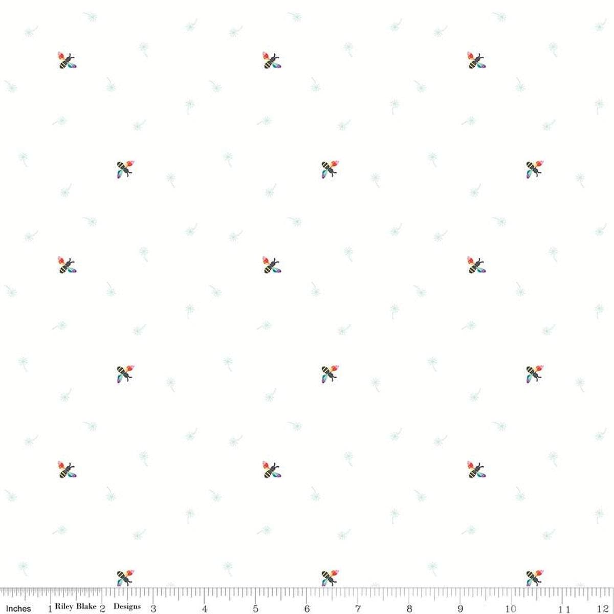 Image of the Hush Hush 4 Buzzworthy quilting cotton fabric by Riley Blake Designs. Features  colorful bees on a light pink background. 
Cute Little Fabric Shop