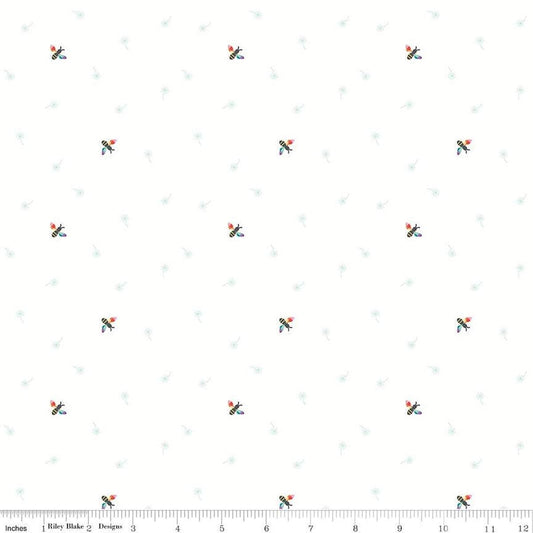 Image of the Hush Hush 4 Buzzworthy quilting cotton fabric by Riley Blake Designs. Features  colorful bees on a light pink background. 
Cute Little Fabric Shop