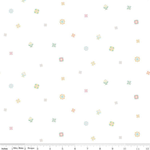 Image of the Hush Hush 4 Quilty Pleasure quilting cotton fabric by Riley Blake Designs. Features scattered quilt blocks on a white background. 
Cute Little Fabric Shop