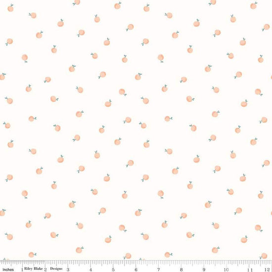 Image of the Hush Hush 4 Just Peachy quilting cotton fabric by Riley Blake Designs. Features scattered peaches on a white background. 
Cute Little Fabric Shop