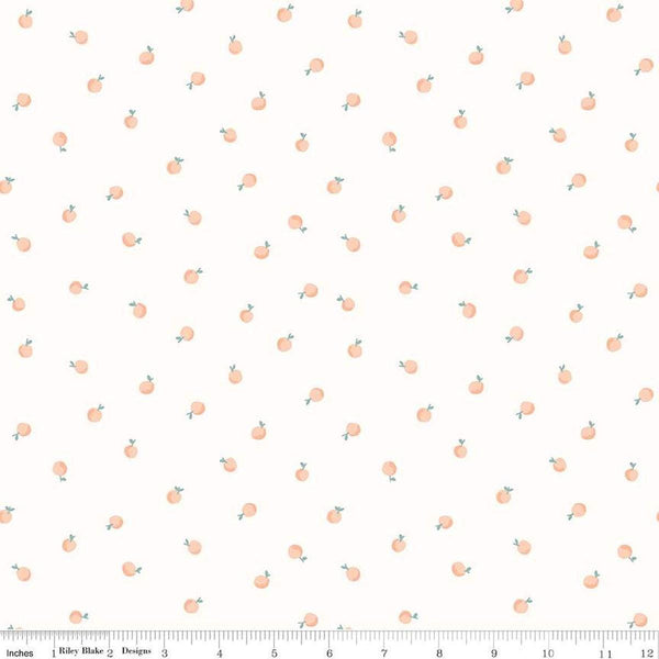 Image of the Hush Hush 4 Just Peachy quilting cotton fabric by Riley Blake Designs. Features scattered peaches on a white background. 
Cute Little Fabric Shop