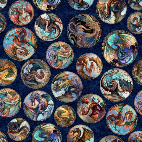 Fat Quarter End of Bolt - Dragon Fyre 29928 Dragon Round Picture Patches N - by QT Fabrics - Fire Breathing Dragons - Quilting Cotton Fabric