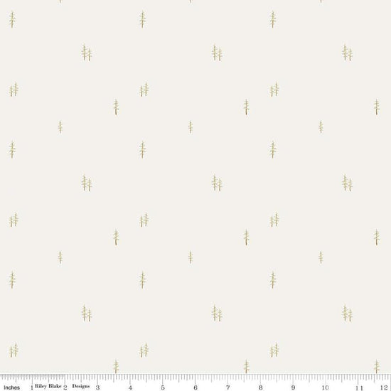 Image of the Hush Hush 4 Tree-mendous quilting cotton fabric by Riley Blake Designs. Features scattered pine trees on a white background. 
Cute Little Fabric Shop