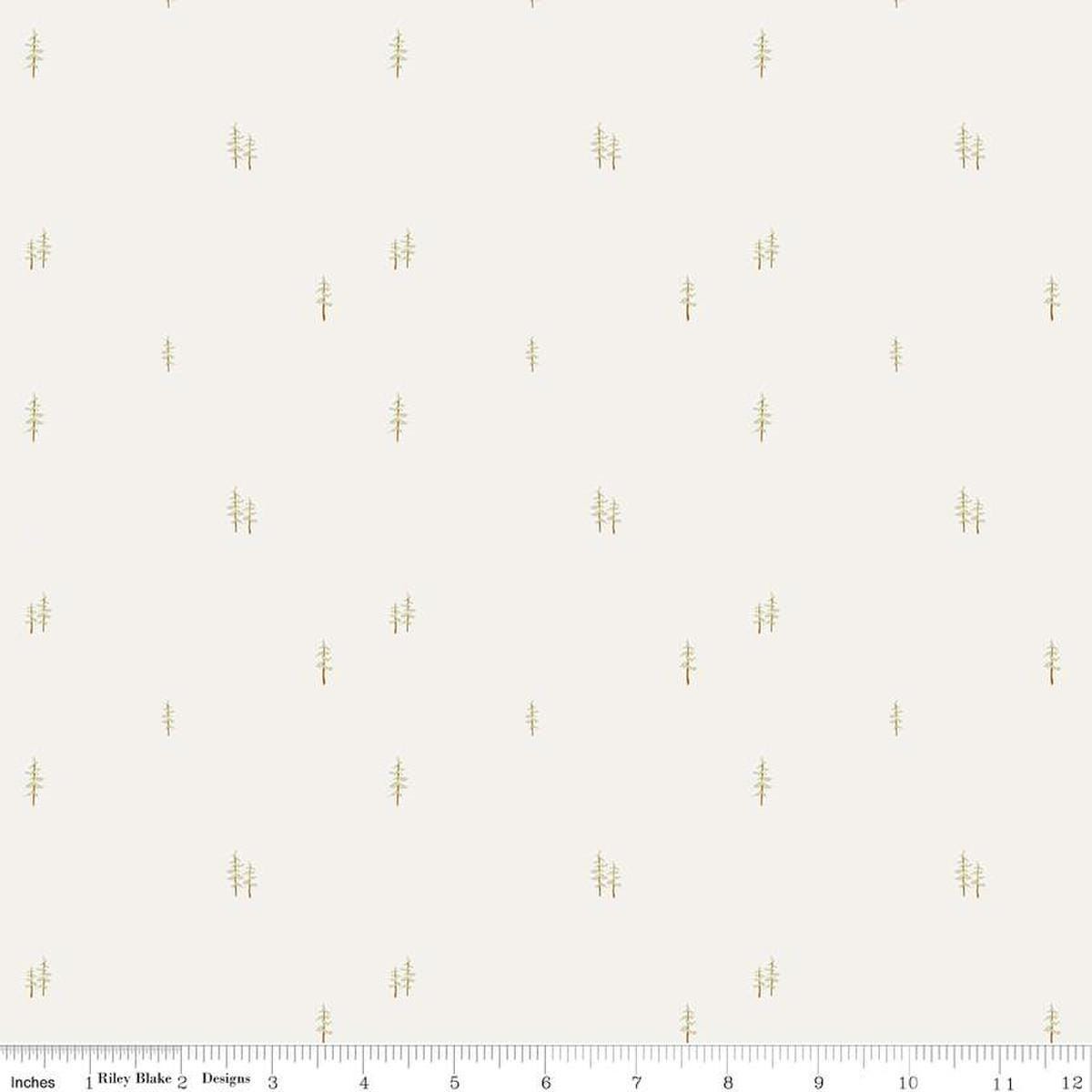 Image of the Hush Hush 4 Tree-mendous quilting cotton fabric by Riley Blake Designs. Features scattered pine trees on a white background. 
Cute Little Fabric Shop