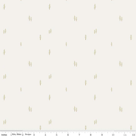 Image of the Hush Hush 4 Tree-mendous quilting cotton fabric by Riley Blake Designs. Features scattered pine trees on a white background. 
Cute Little Fabric Shop