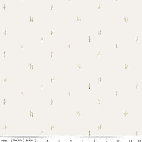 Image of the Hush Hush 4 Tree-mendous quilting cotton fabric by Riley Blake Designs. Features scattered pine trees on a white background. 
Cute Little Fabric Shop