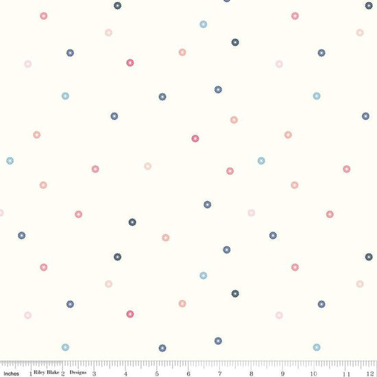 Image of the Hush Hush 4 All Dresdened Up quilting cotton fabric by Riley Blake Designs. Features Dresden polka dots on a white background. 
Cute Little Fabric Shop