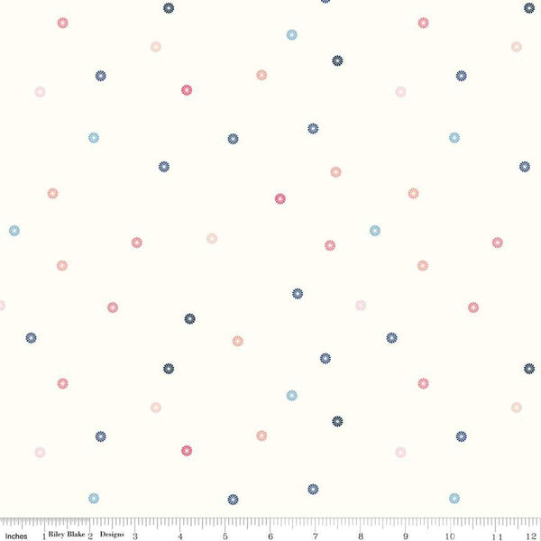 Image of the Hush Hush 4 All Dresdened Up quilting cotton fabric by Riley Blake Designs. Features Dresden polka dots on a white background. 
Cute Little Fabric Shop