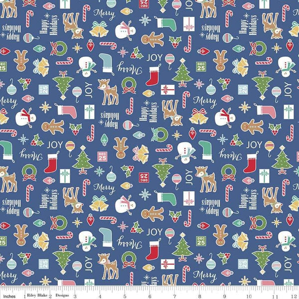 Image of the Cozy Christmas Main Navy quilting cotton fabric by Lori Holt for Riley Blake Designs. Features Christmas icons on a blue background. 
Cute Little Fabric Shop