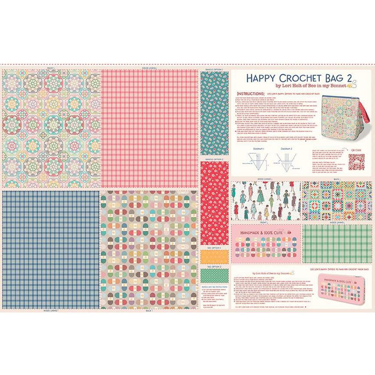 Image of the Chunky Thread Home Décor Happy Crochet & Crochet Hook Bags Panel by Lori Holt for Riley Blake Designs. Features the pieces and instructions for the Happy Crochet Bag and the Crochet Hook Bag. 
Cute Little Fabric Shop