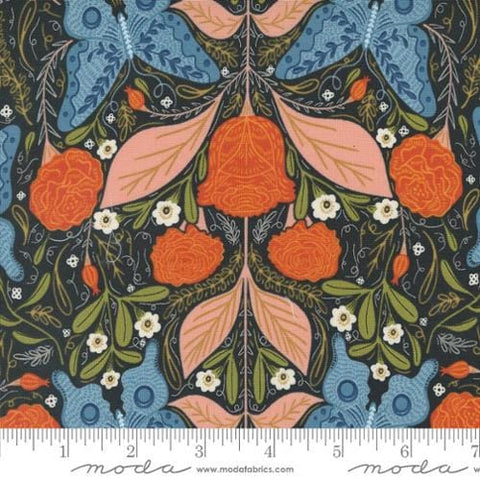 Woodland Wonder Vintage Floral Midnight quilting cotton fabric by Gingiber for Moda Fabrics. Features flowers and butterflies on a brown black background. 
Cute Little Fabric Shop