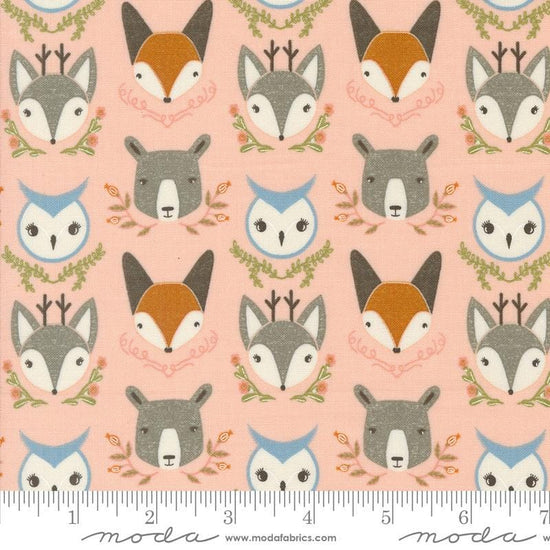 Woodland Wonder Animal Heads Blush quilting cotton fabric by Gingiber for Moda Fabrics. Features animal heads of owls, bears, and foxes on a light pink background. 
Cute Little Fabric Shop