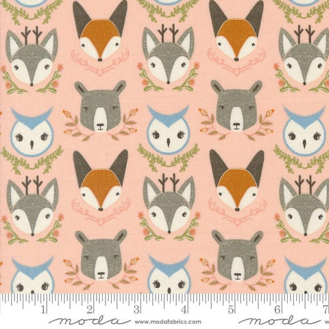 Woodland Wonder Animal Heads Blush quilting cotton fabric by Gingiber for Moda Fabrics. Features animal heads of owls, bears, and foxes on a light pink background. 
Cute Little Fabric Shop