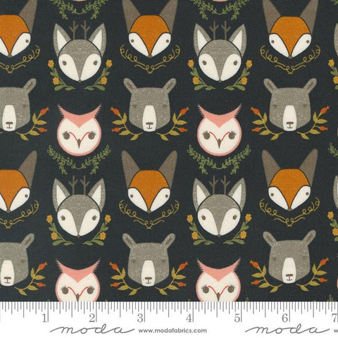 Woodland Wonder Animal Heads Midnight quilting cotton fabric by Gingiber for Moda Fabrics. Features animal heads of owls, bears, and foxes on a black background. 
Cute Little Fabric Shop