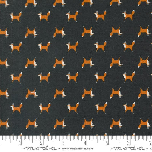 Woodland Wonder Fox Trot Midnight quilting cotton fabric by Gingiber for Moda Fabrics. Features small scattered foxes on a black background. 
Cute Little Fabric Shop