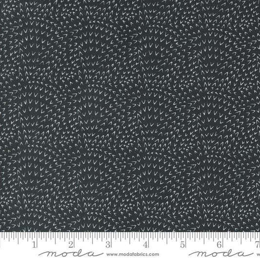 Image of the Woodland Wonder Angle Tangle Midnight quilting cotton fabric by Gingiber for Moda Fabrics. Features v shaped marks on a dark black gray background. 
Cute Little Fabric Shop